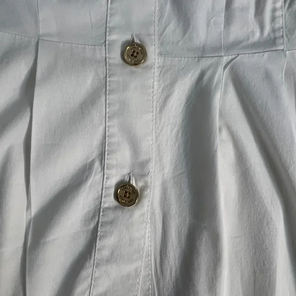 Tory Burch Women’s Size 8 White Button Down Shirt Gold Logo Buttons Blouse